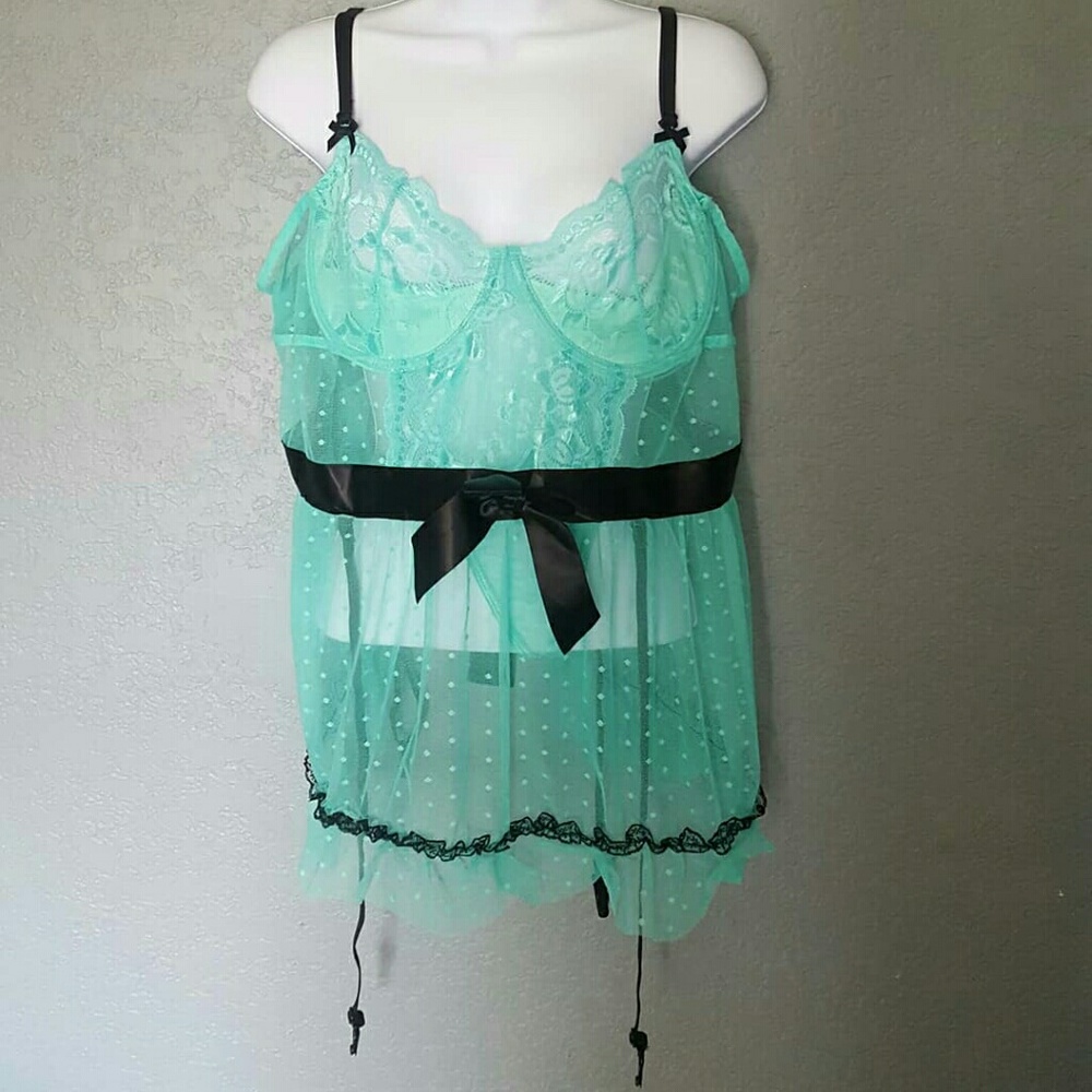 Plus size teal babydoll lingerie set.